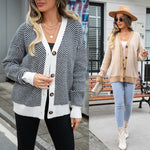 Casual Colorblocked Leopard Print Button Down Knit V-Neck Jacket Wholesale Womens Clothing