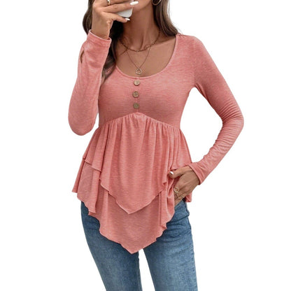 Elegant Ruffle-Hem Slim Fit Button Long Sleeve Tops Wholesale Womens Dresses N3824110900033