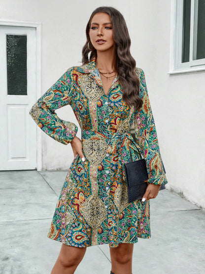 Ethnic Print Long Sleeve Lapel Shirt Dresses Wholesale Womens Clothing N3824062800052