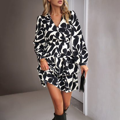 Casual Leaf Print V-Neck Bubble Sleeve Dress Wholesale Dresses