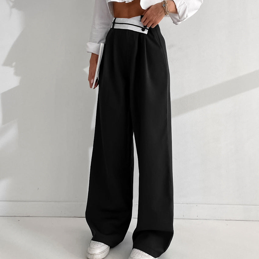 Casual Wide Leg Splicing Black Suit Pants Wholesale Womens Clothing