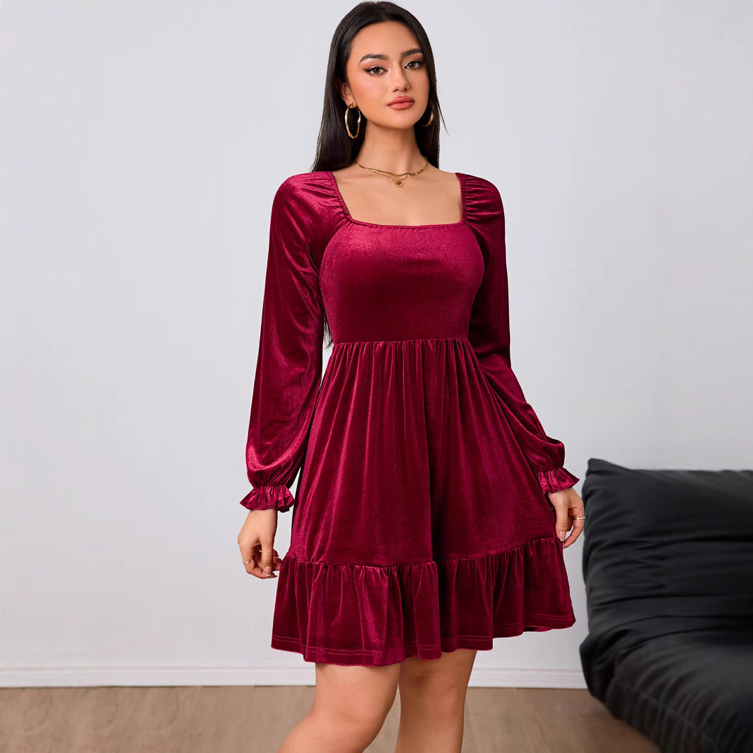 Square Neck Velvet Burgundy Dresses Wholesale Womens Clothing N3824110900026