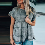 Denim Short Sleeve Pullover Round Neck Ruffle T-Shirt Wholesale Women'S Top