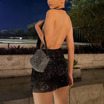 Nightclub Sexy Patchwork Sequins Hanging Backless Open V-Neck Short Dress Wholesale Dresses
