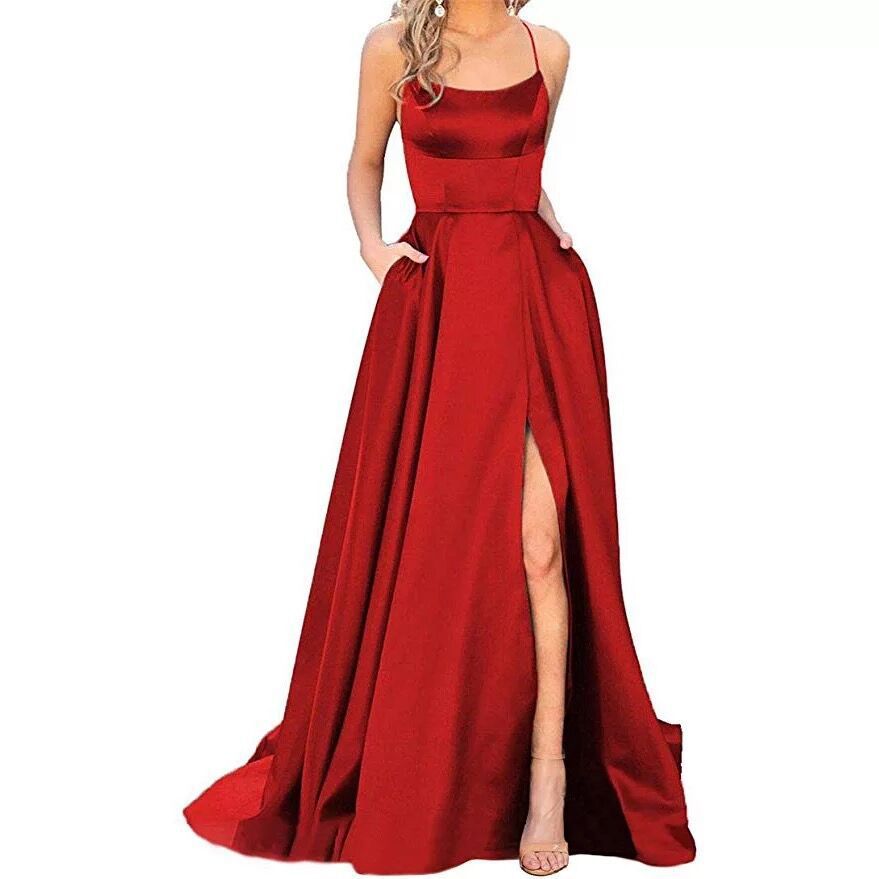 Evening Gown Solid Color Slit Cami Dresses Wholesale Womens Clothing N3823111600012