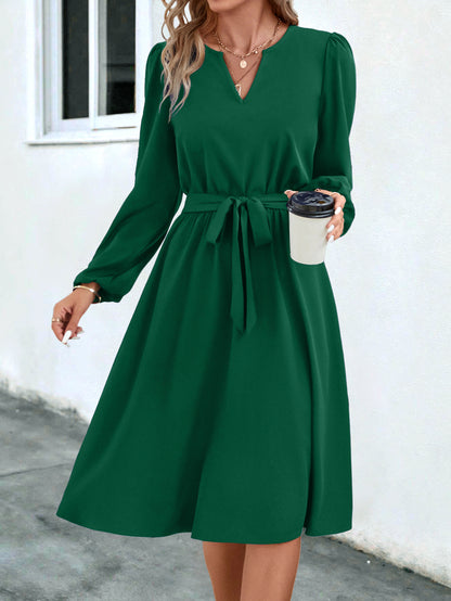 Long Sleeve V-Neck Tie Midi Dresses Wholesale Womens Clothing N3824062800049