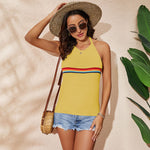 Fashion Rainbow Color Blocking Backless Knitted Hanging Neck Top Wholesale Womens Tops