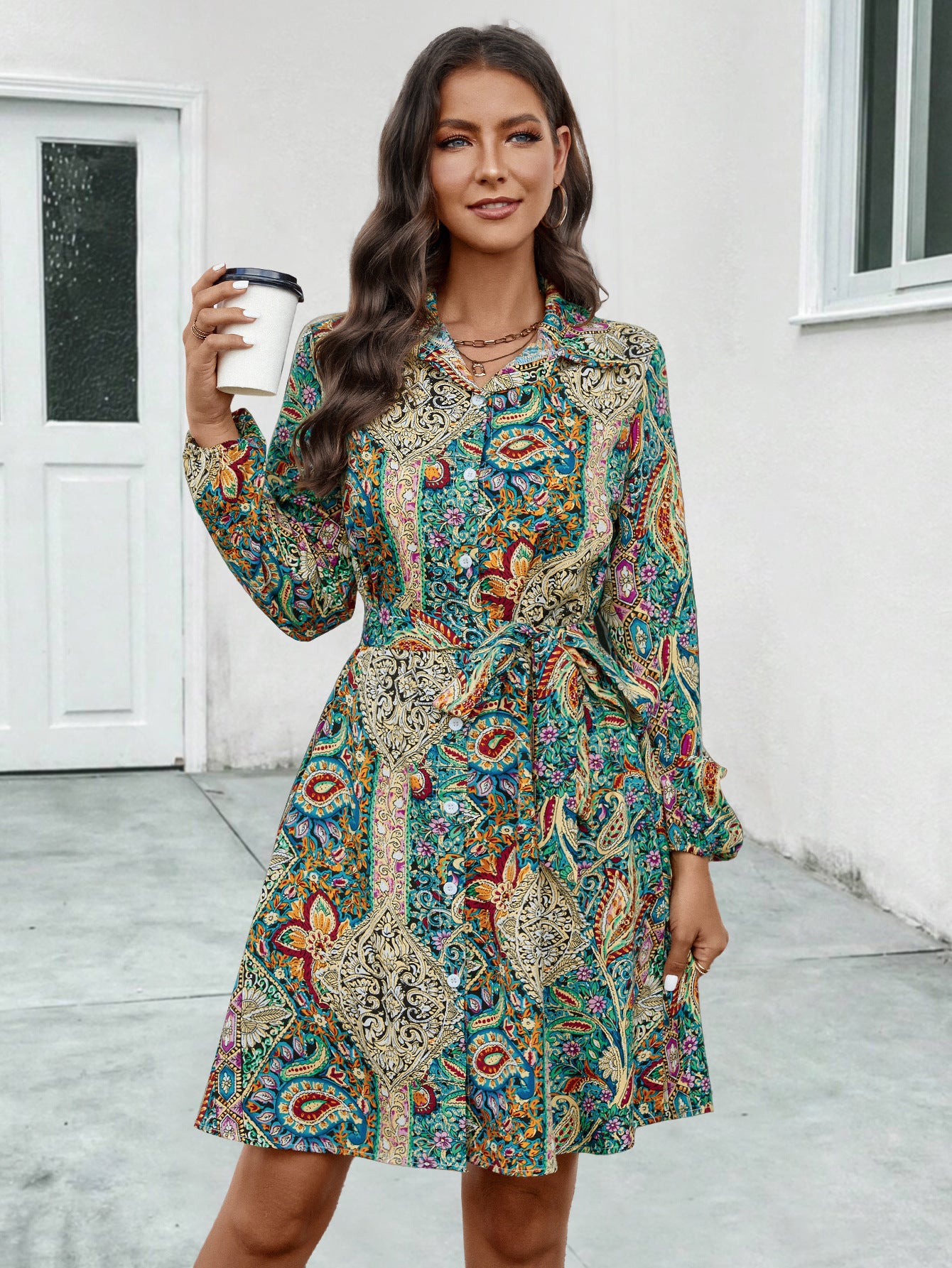 Ethnic Print Long Sleeve Lapel Shirt Dresses Wholesale Womens Clothing N3824062800052