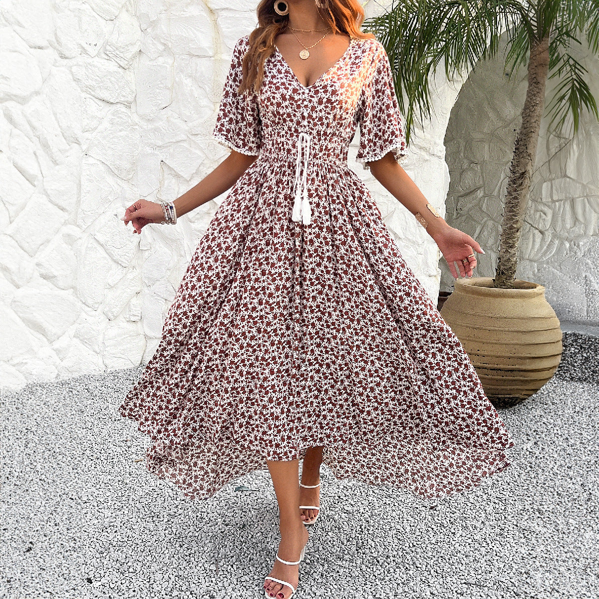 V-Neck High Waist Elegant Printed Dresses Wholesale Womens Clothing N3824062100005