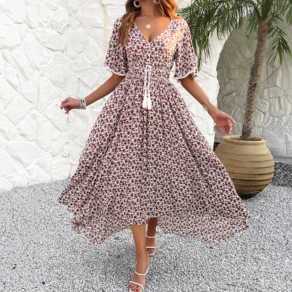 V-Neck High Waist Elegant Printed Dresses Wholesale Womens Clothing N3824062100005