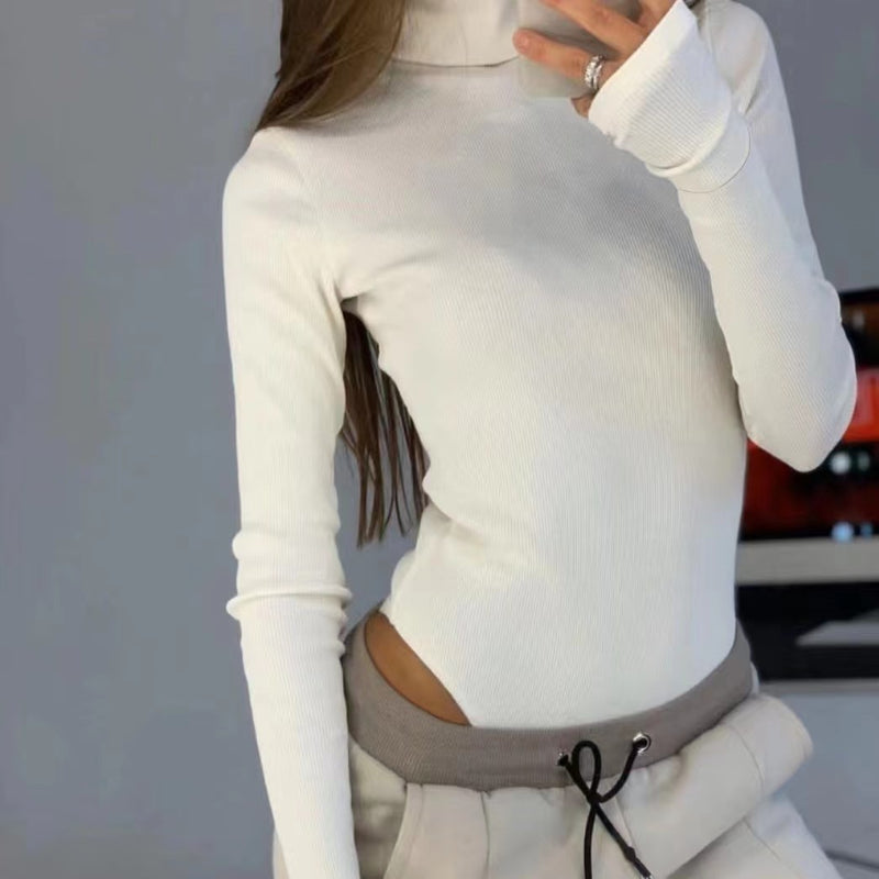 Pit Strip Knitted Turtleneck Long Sleeve Bodysuits Wholesale Womens Clothing
