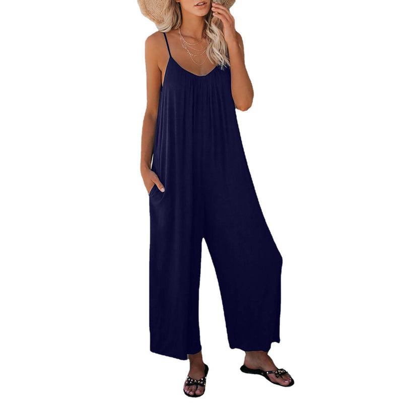 Solid Color Insert Pockets Loose Casual Halter Jumpsuit Wholesale Jumpsuits