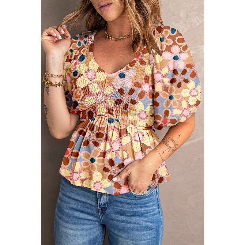 Balloon Sleeve Floral Print Pullover Short Sleeve Top Wholesale Women'S Top