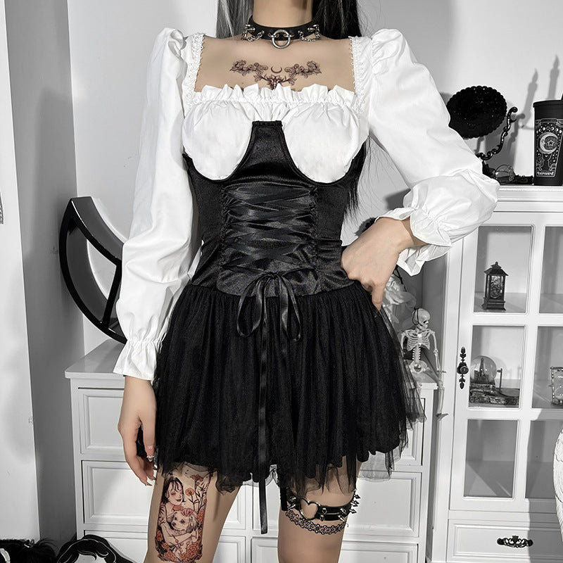 Dark Punk Gothic Strappy Belted Mesh Splicing Skirt Wholesale Women'S Bottom