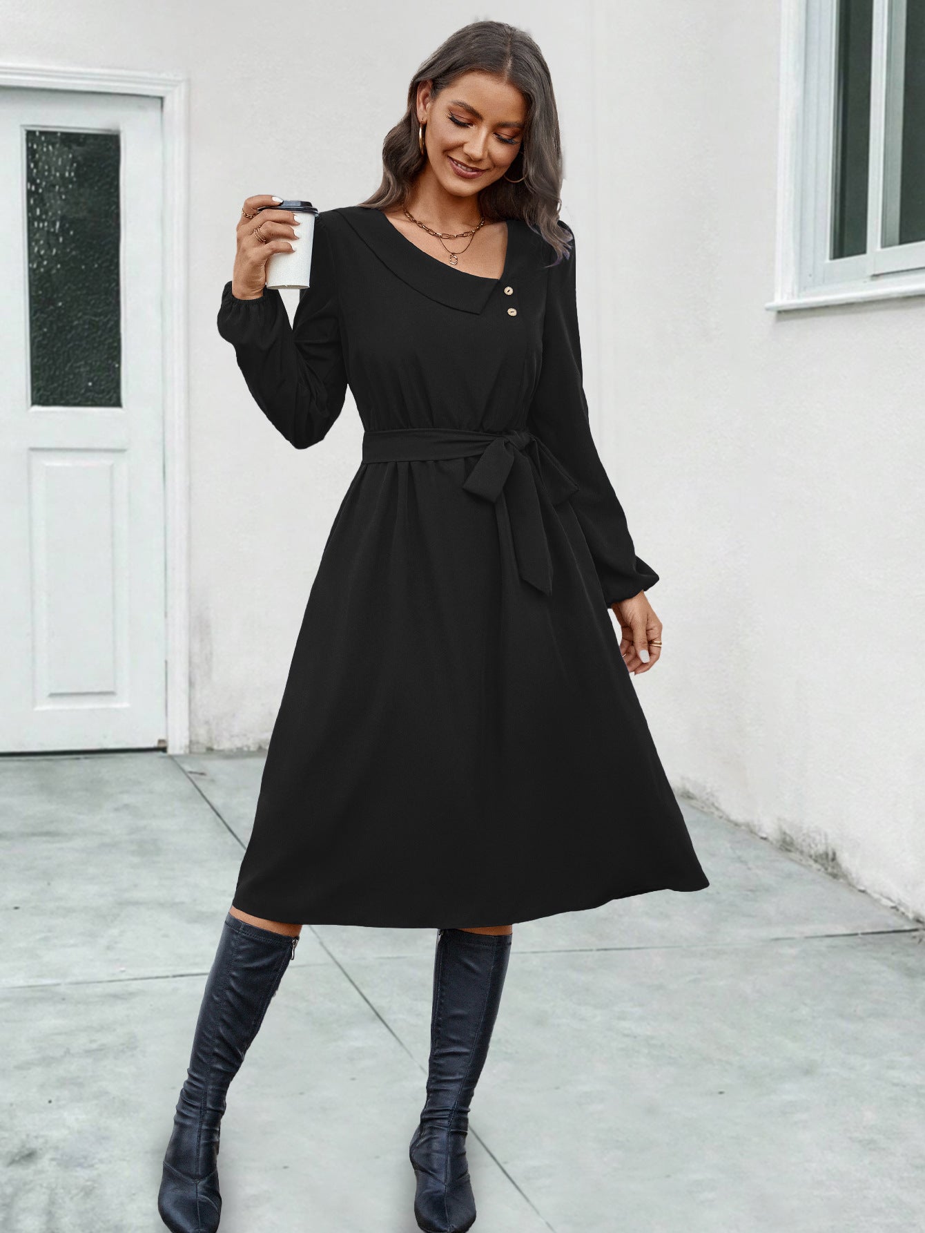 Irregular Neck Button Long Sleeve Dresses Wholesale Womens Clothing N3824062800053