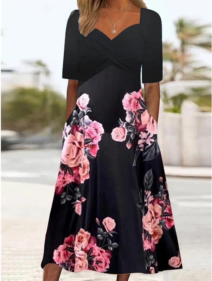 Fashion Printed Square Neck Midi Waist Midi Dress With Pockets Wholesale Dresses