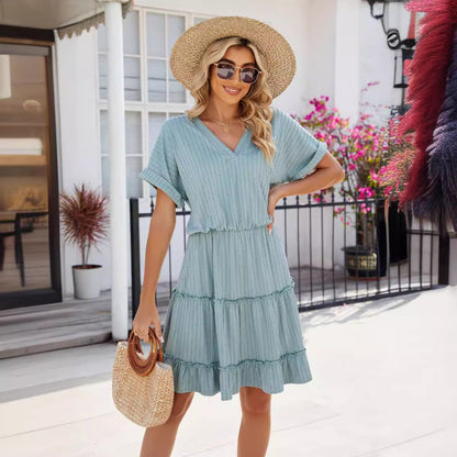 Solid Color V-Neck Loose Short Sleeve Patchwork Dresses Wholesale Womens Clothing N3824052000098