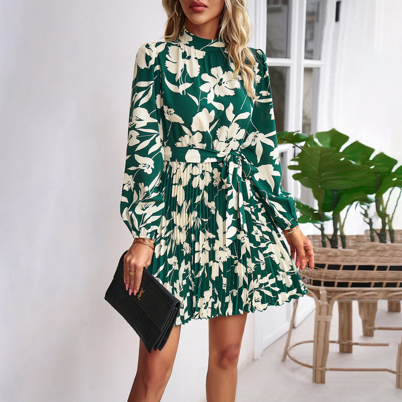 Casual Long Sleeve Round Neck Pleated Floral Short Dresses Wholesale Dresses