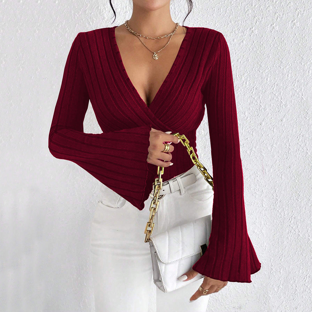 V-Neck Trumpet Sleeve Burgundy Slim Fit Bottoming Tops Wholesale Womens Clothing N3824070500018