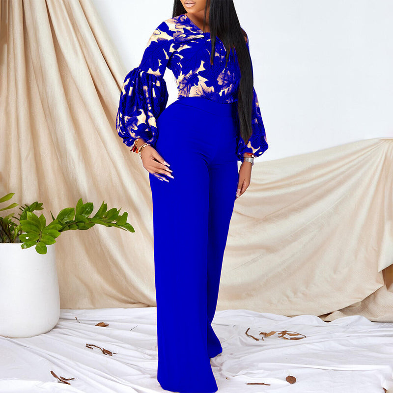 Stylish Leaf Printed Strappy Long Sleeve Top And Wide Leg Pant Set Wholesale Women'S 2 Piece Sets