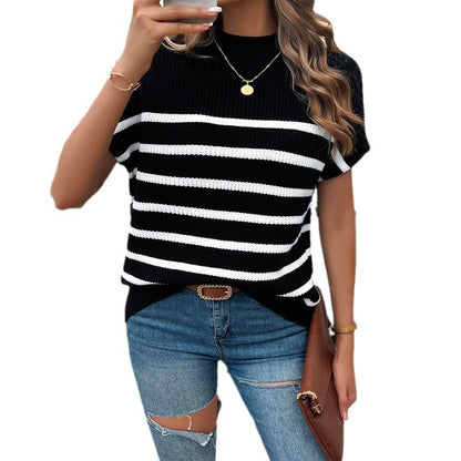 Contrast Color Temperament Pullover Short Sleeve Striped Sweater Wholesale Womens Clothing N3824060600050