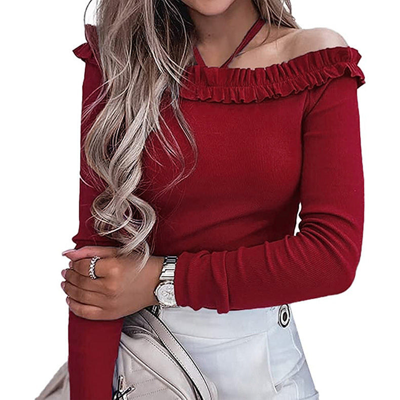Fashion Hang Neck Ruched Strapless Slim Fit Long Sleeve Knitwear Wholesale Womens Tops
