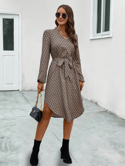 Spring Fall Long Sleeve Belted Midi Dresses Wholesale Womens Clothing N3824062800054