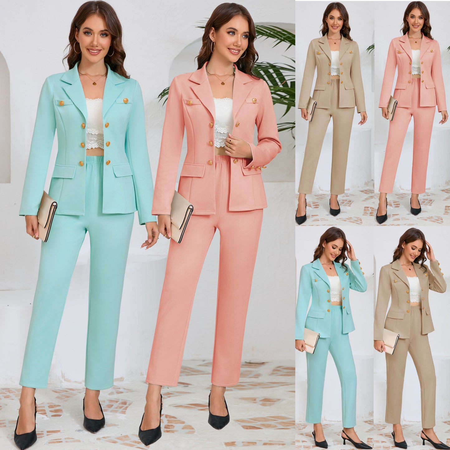 Career Two-Piece Suit Solid Color Double-Breasted Blazer Jackets Straight Pants Wholesale Womens Clothing N3824082300053