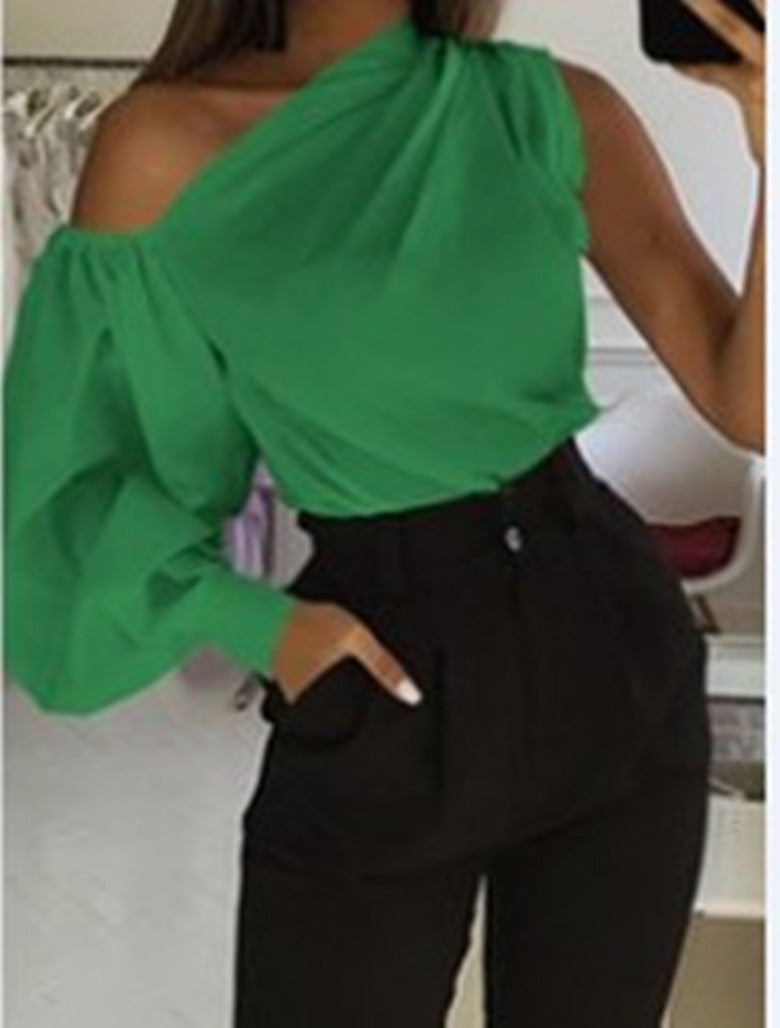 Asymmetric One Sleeve Women's Shirt Solid Color Top