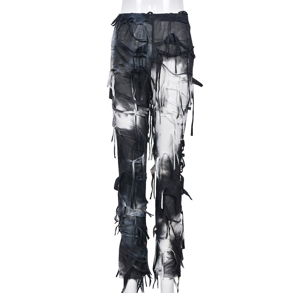 Fashion Tie-Dye Tassel High Waist Slim Fit Pants Wholesale Womens Clothing N3824083000017