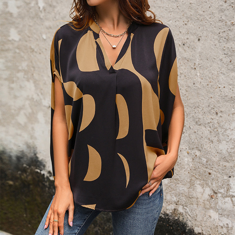 Women's Short Sleeve Pullover V-Neck Printed Blouses Wholesale Womens Clothing N3824022600097