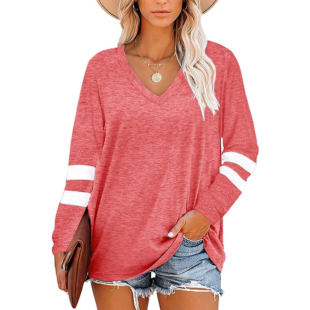 Solid Color V-Neck Striped Long-Sleeved Loose T-Shirts Wholesale Womens Clothing N3824082900033