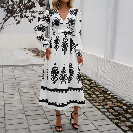 Contrast Print V-Neck Long Sleeve Dresses Wholesale Womens Clothing N3824073100071