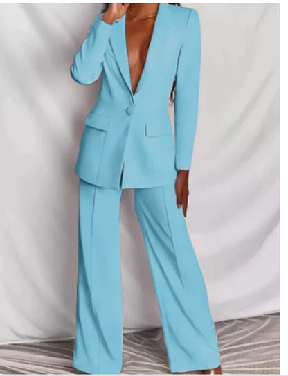 Solid Color Suit Blazer Wide Leg Pants Two Piece Set Wholesale Womens Clothing N3824080500013