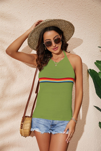 Fashion Rainbow Color Blocking Backless Knitted Hanging Neck Top Wholesale Womens Tops