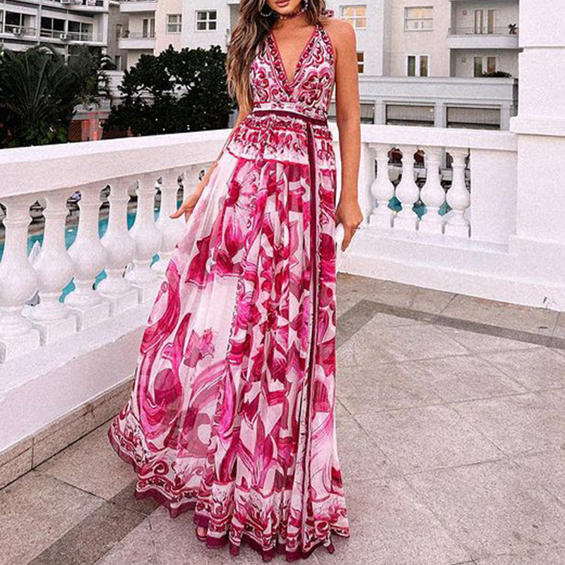 Fashion Sexy Printed Halter Backless Maxi Dresses Wholesale Womens Clothing N3824040700315
