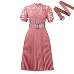 Plus Size Dresses Short Sleeve Lace Panel Pleated Prom Dresses With Belt Wholesale Womens Clothing N3824061200020