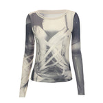 Sexy Round Neck Long-Sleeved Slightly Transparent Mesh Collision Color Printing Top Wholesale Womens Tops