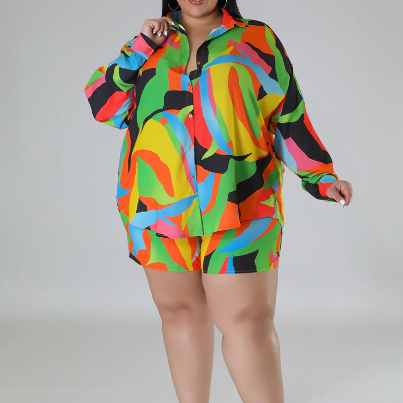 Plus Size Printed Lapel Black Oversized Shirts Shorts Sets Wholesale Womens Clothing N3824080500025