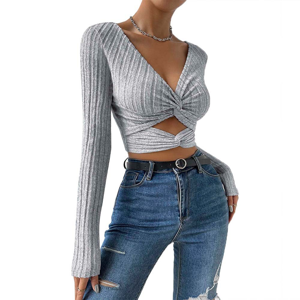 Sexy V-Neck Tops Navel-Baring Slim Cropped Tops Wholesale Womens Clothing N3824072000233