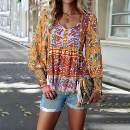 Bohemian Casual Floral Print Long Sleeve Shirt Wholesale Womens Tops