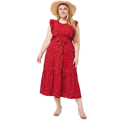 Plus Size Round Neck Ruffle Sleeveless Polka Dot Dress With Belt Wholesale Womens Clothing N3824080300033