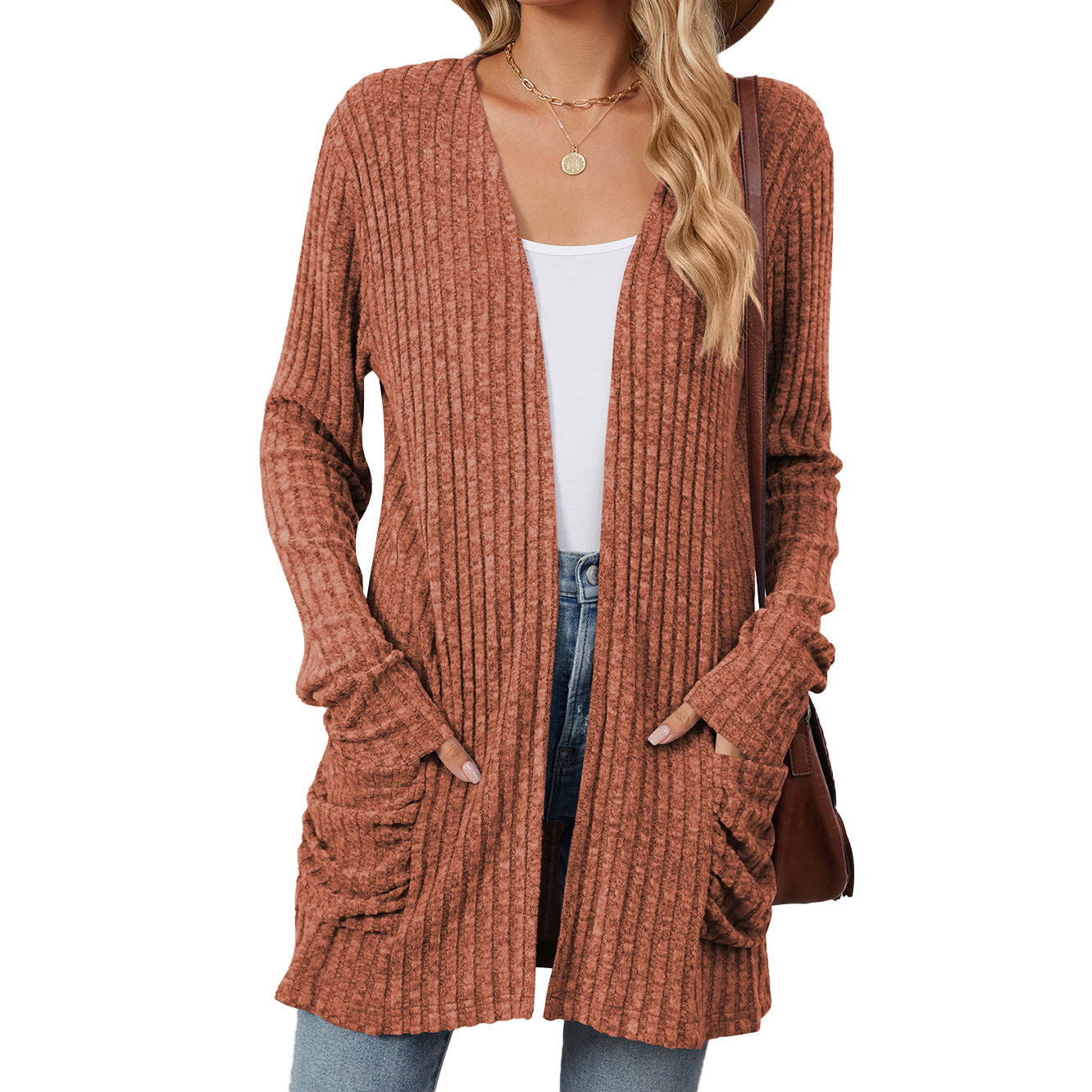 Solid Color Pocket Long Sleeve Knitted Bottoming Cardigan Wholesale Womens Clothing N3824072900051