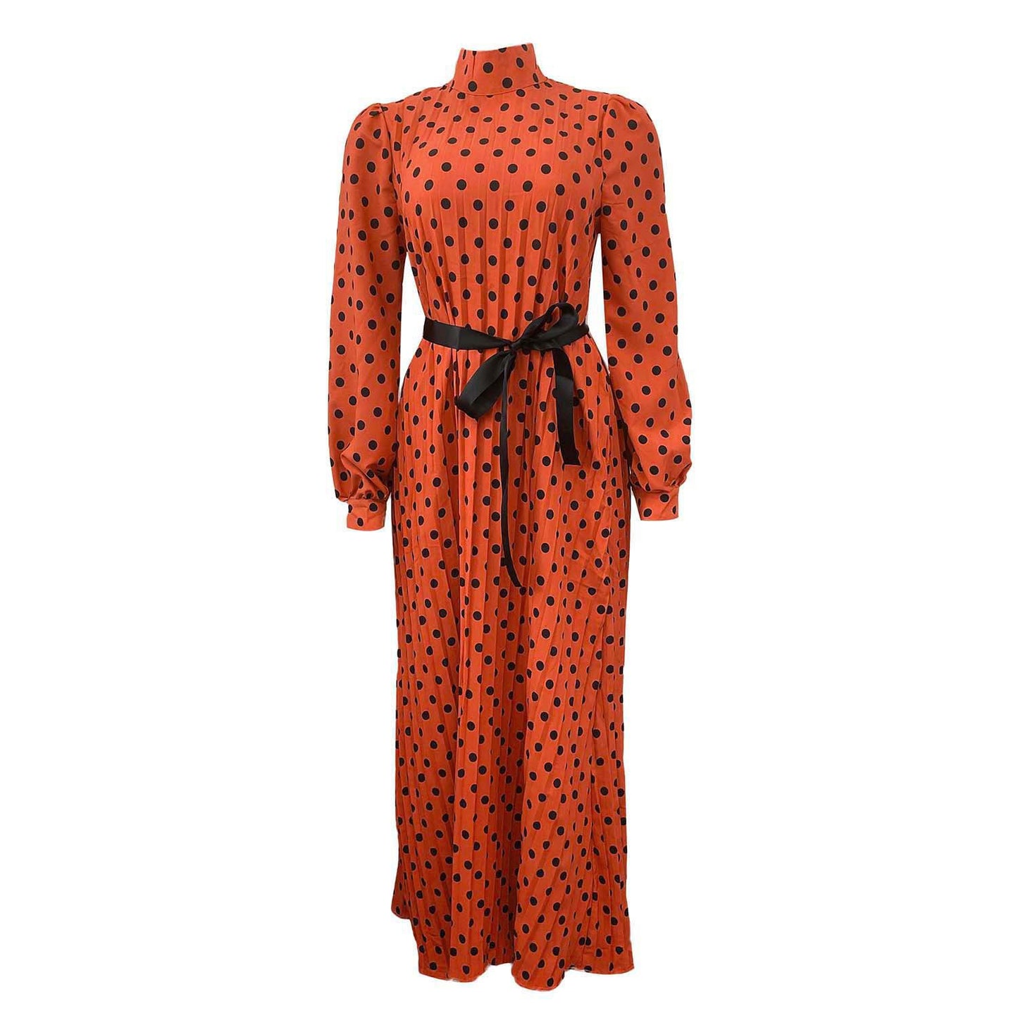 Loose Pleated Polka Dot Maxi Dresses Belt Long Sleeve Wholesale Plus Size Womens Clothing N3823101700030