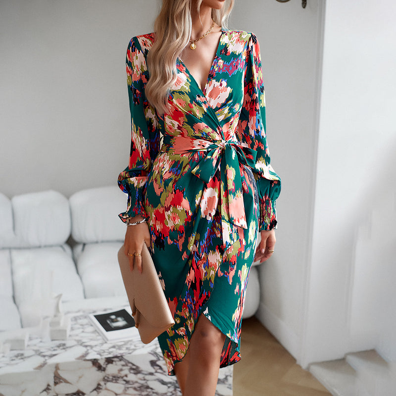 Elegant V-Neck Maxi Dresses Floral Printed Wholesale Womens Clothing N3824022600025