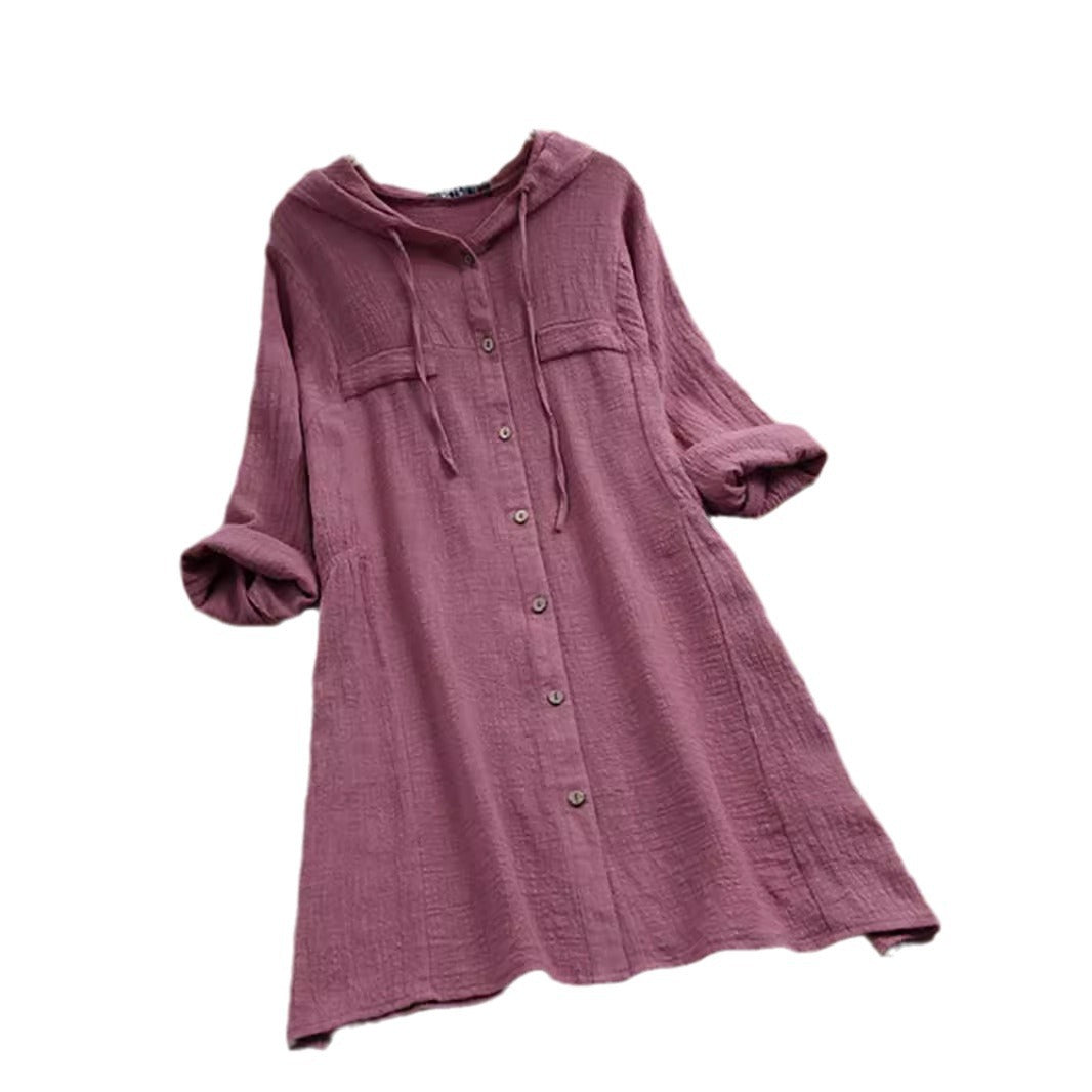 Hooded Loose Button Mid Length Long Sleeve Shirts Wholesale Womens Clothing N3824091200014