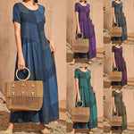 Retro Short-Sleeved Plaid Print Patchwork Loose Waist Pockets Long Dress Wholesale Dresses