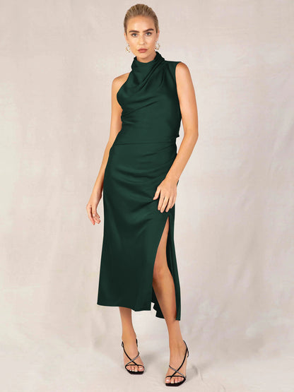 Satin Halter Neck Solid Color Open Back Sleeveless Slit Dress Wholesale Dresses