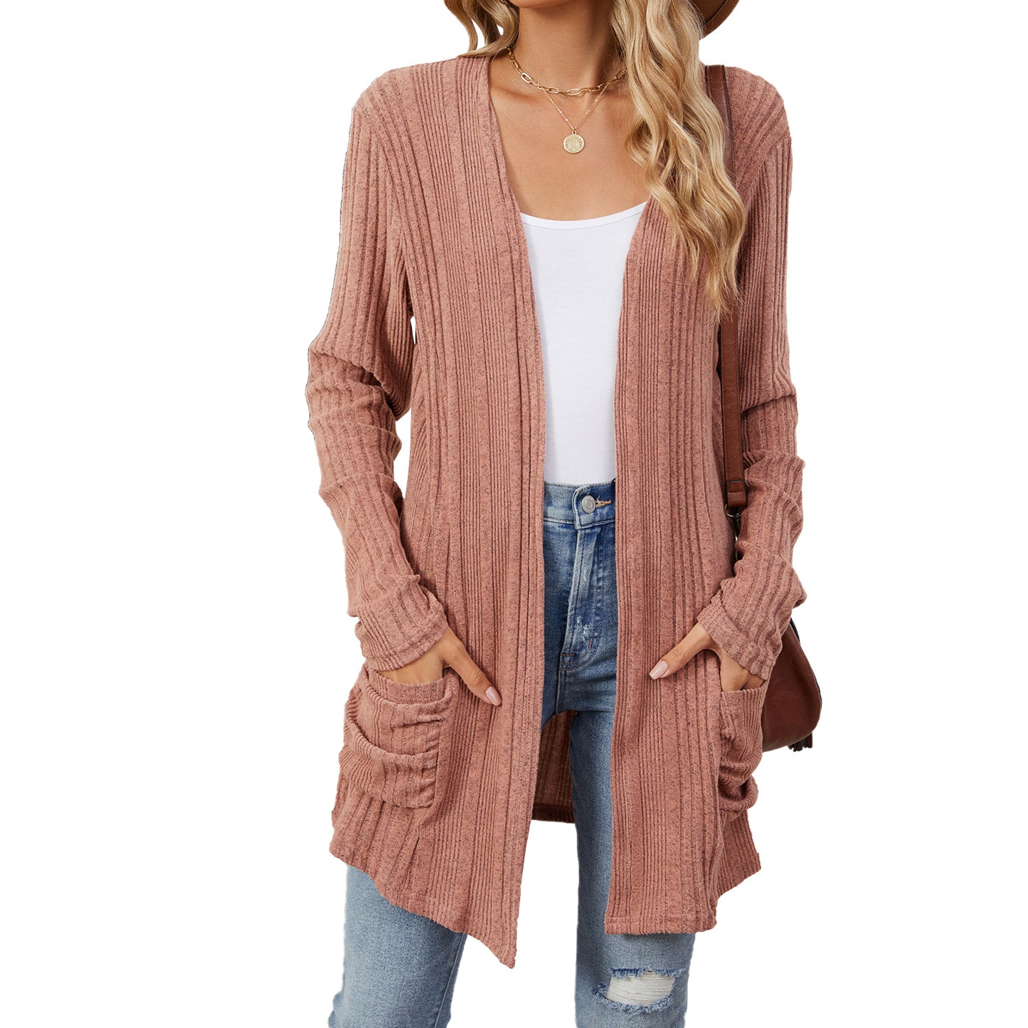 Solid Color Striped Brushed Pocket Cardigan Long Sleeve Sweater Wholesale Womens Clothing N3824072900052