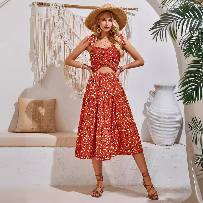 Floral Printed Hollow Tie Strap Dresses Wholesale Womens Clothing N3824050700037